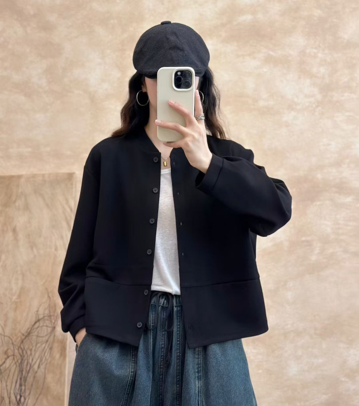 新款休闲简约纯色上衣女开衫显瘦棒球服短外套|undefined