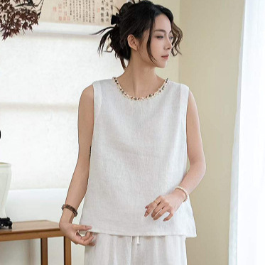 Pure Linen Lace Collar Vest 2026 Summer New Style Fashionable Back-Buttoned Vest Solid Color Top for Women 2652