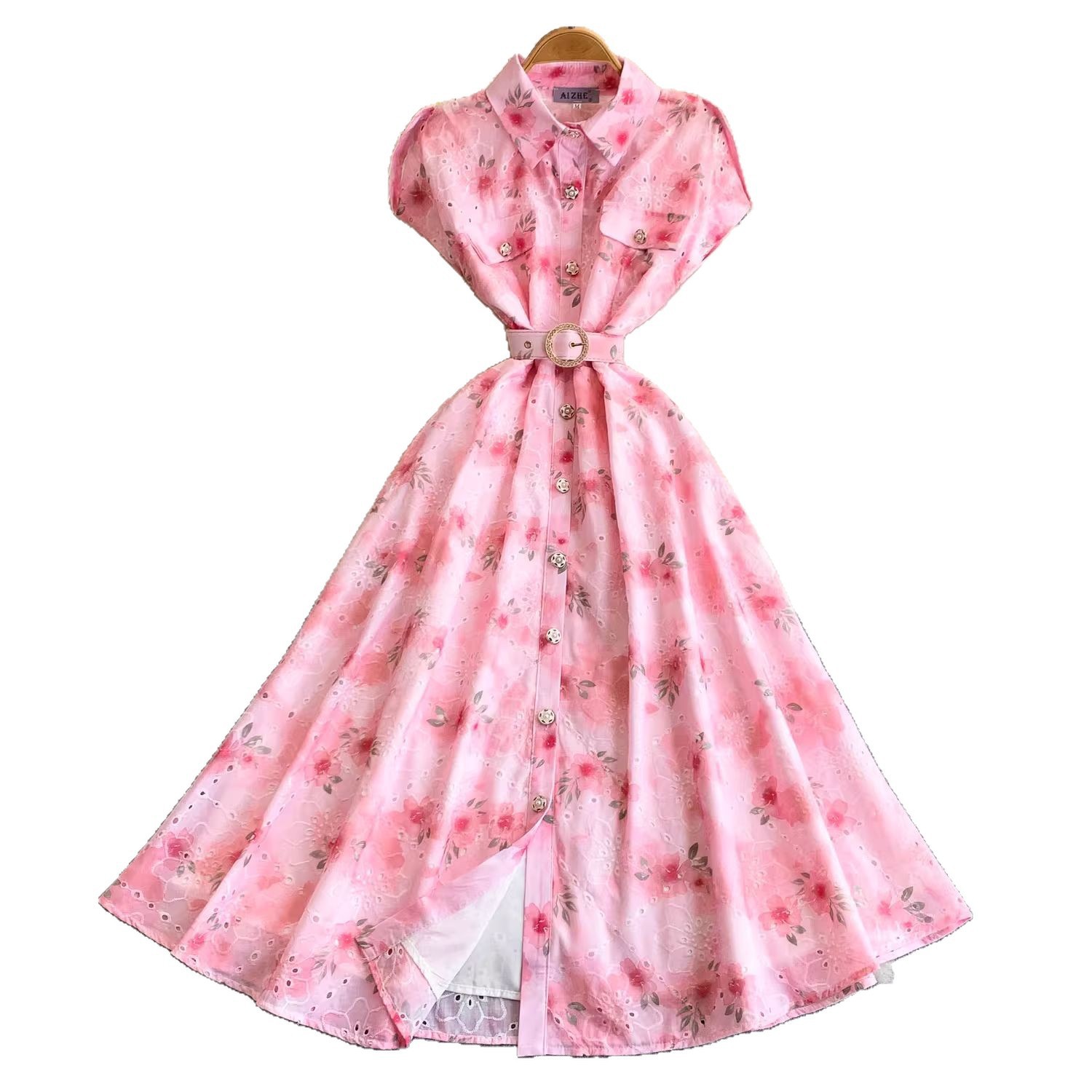 Youthful French Style Embroidered Print Dress With Raglan Sleeves Button Down Waist Cinching Long Light Luxury Summer Dress_ecoleips.com