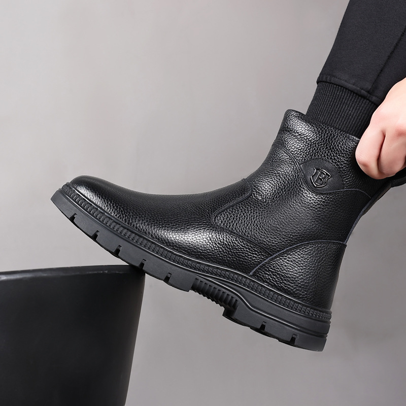 Invierno primera capa piel de vaca hombres zapatos de algodón acolchado botas de nieve de lana forrada de lana botas de cuero caliente zapatos de cuero genuino para hombres de mediana edad zapatos gruesos