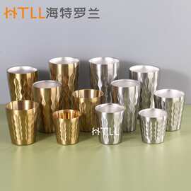 不锈钢304火凌纹双层杯金色啤酒杯防摔水杯户外露营水杯咖啡杯