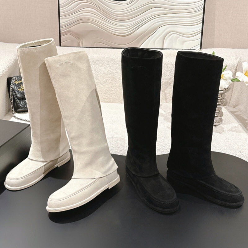 25c Spring and Autumn Fragrant Style Women's Suede Round Toe Flat-bottomed Comfortable Elegant All-match Slip-on Boots Smoke Tube Boots