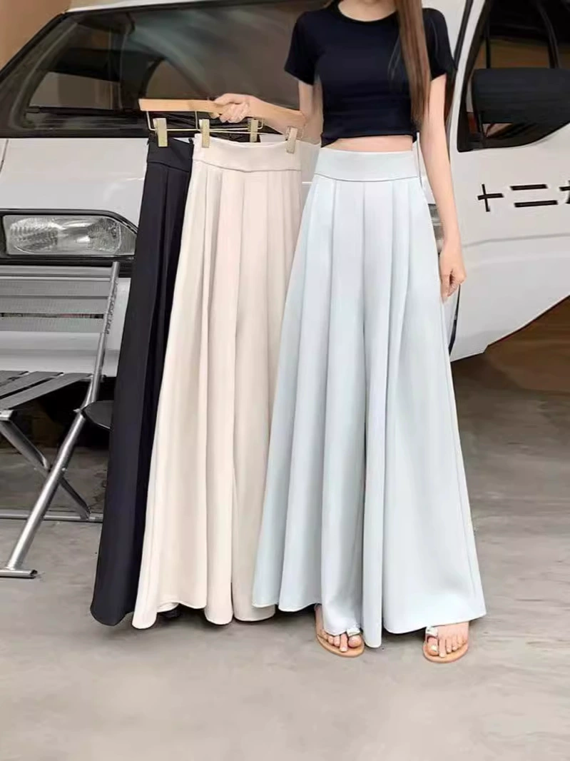 Очень большие широкие брюки-юбка, летние тонкие высококачественные плиссированные костюмные брюки с завышенной талией, драпированные повседневные брюки с высокой талией.