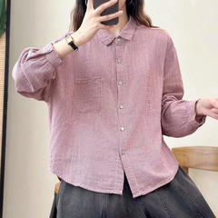 双层格子棉纱复古英伦风条纹翻领棉纱长袖衬衫百搭通勤休闲显瘦上