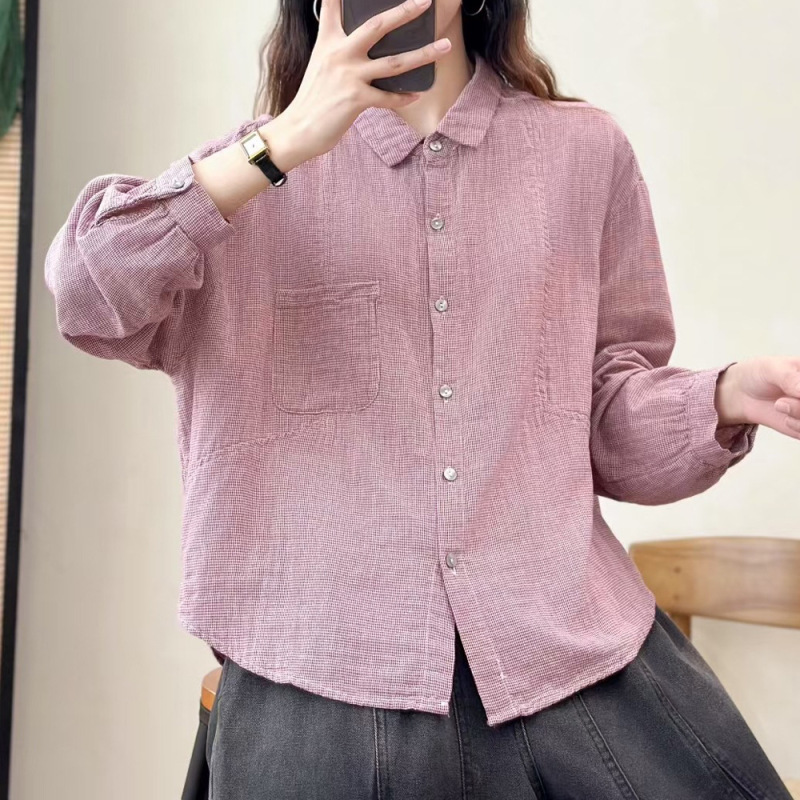 双层格子棉纱复古英伦风条纹翻领棉纱长袖衬衫百搭通勤休闲显瘦上|undefined
