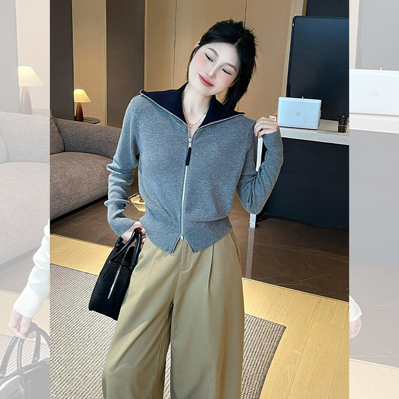 韩系白色海军领拉链针织开衫外套秋季新款女装设计感外穿长袖上衣|undefined