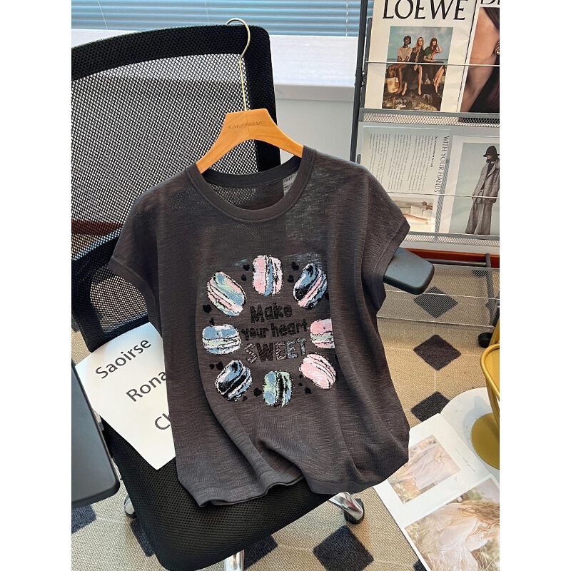 Ice Silk Acetate Bamboo Linen Gray Thin Short-Sleeve Knit Top for Women, Summer High-End European Style Popular T-Shirt Ice Silk Acetate Bamboo Linen Gray Thin Short-Sleeve Knit Top for Women, Summer High-End European Style Popular T-Shirt