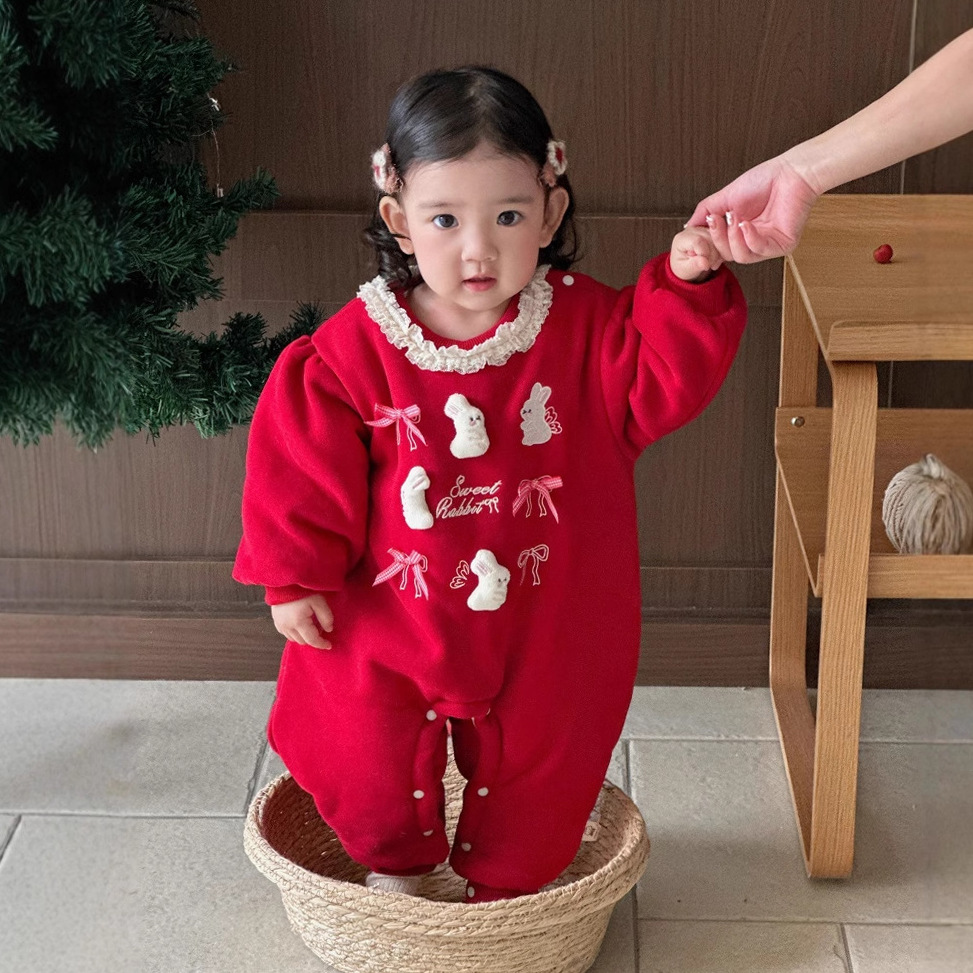 2025 ropa de algodón de estilo chino para bebés, encaje festivo de año nuevo, lindo conejito, ropa de Año Nuevo, mono acolchado grueso