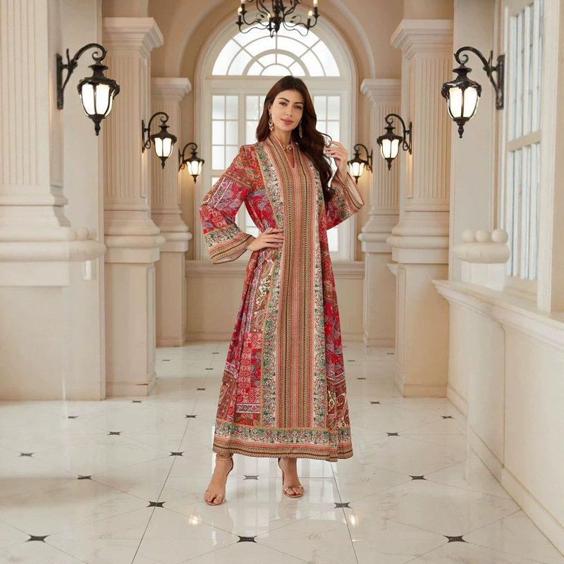 2026 Independent Station Amazon Fashionable Elegant Robe V-neck Long Sleeve Ethnic Style Printed Dress Hot Selling in Foreign Trade 2026 Independent Station Amazon Fashionable Elegant Robe V-neck Long Sleeve Ethnic Style Printed Dress Hot Selling in Foreign Trade