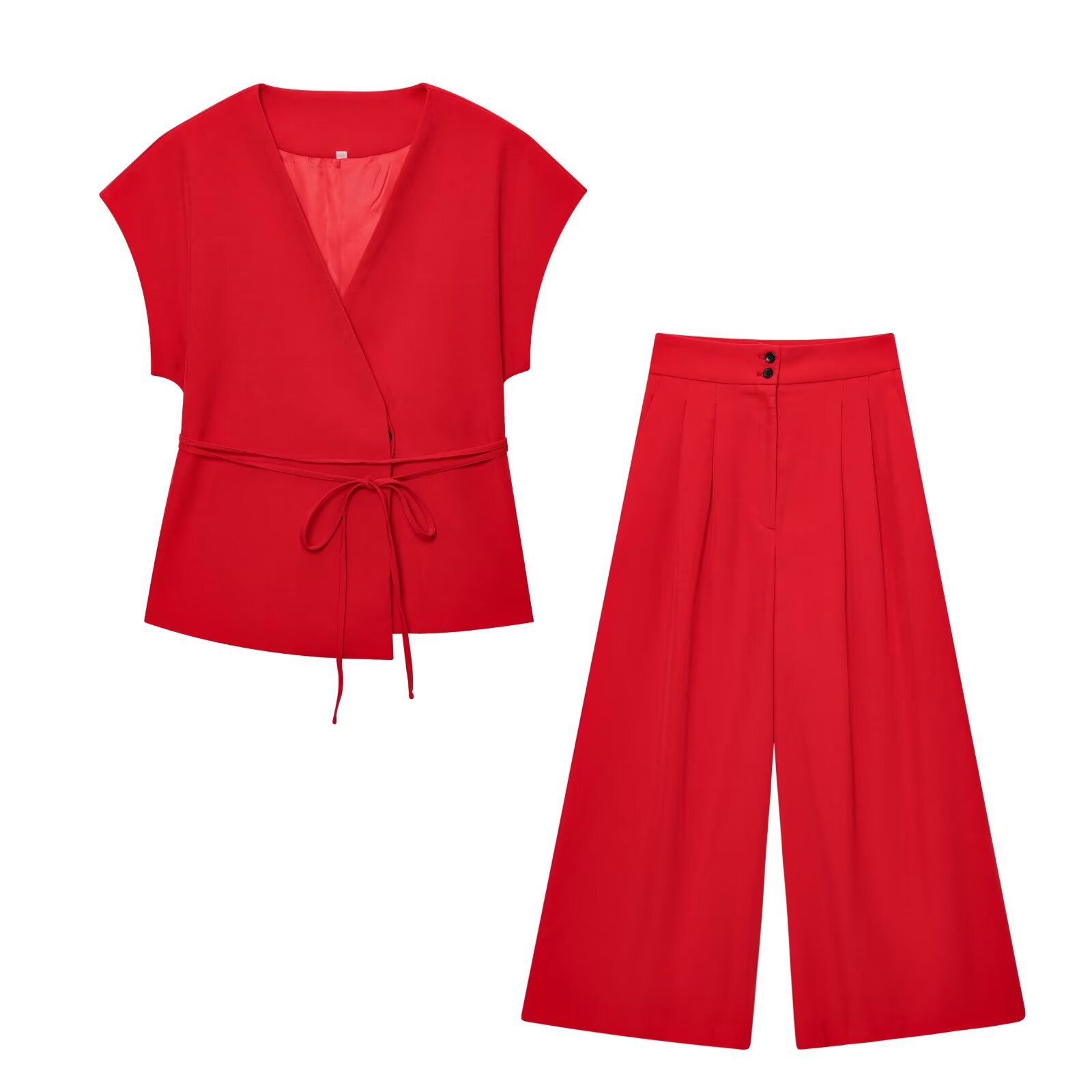 Cross-border Foreign Trade Women's Clothing 2025 Summer European And American Style V-neck Tie Top + Pleated Pants Set_ecoleips.com