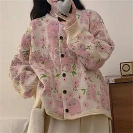 秋冬宽松毛衣2025新款甜美立体植绒花朵粉色软糯针织开衫外套上衣