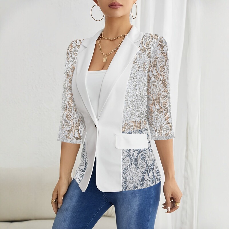 New European and American cross-border lace splicing slim-fit blazer for women, fashionable one-button mid-sleeve suit jacket