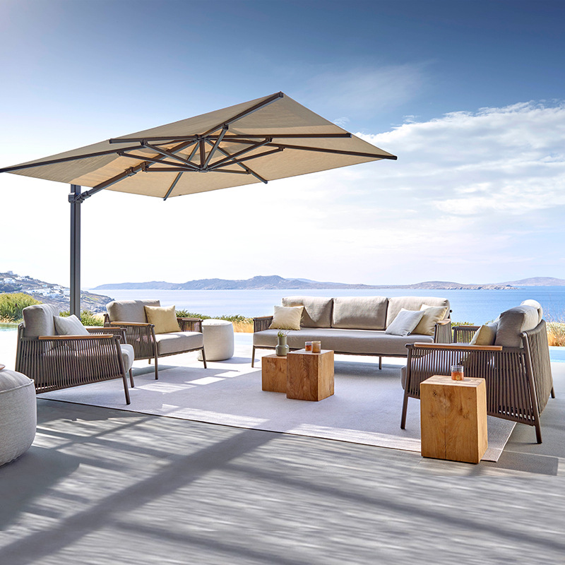 Sofá de exterior para patio, jardín, ocio, silla de ratán, muebles para villa, impermeable, con protección solar, juego de sofás de ratán y teca. image 4