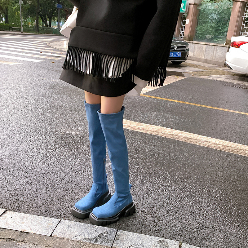 Denim elastic high boots platform square toe heels