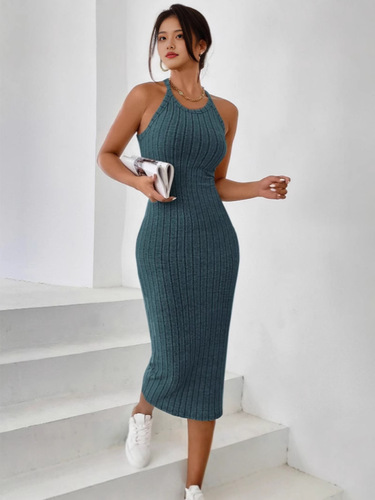 Cross-border women's round neck solid color backless tank top strap dress knitting honeycomb macaron color European and American Amazon