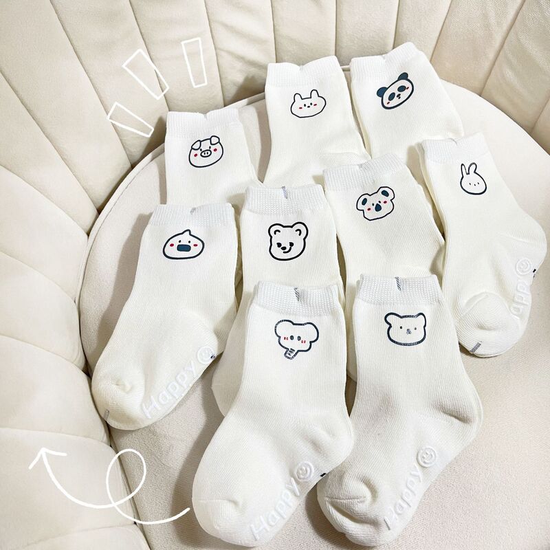 New Baby Socks Simple Cute Cartoon Animal Print Children's Socks White Korean Trendy Internet ins Middle Tube Cotton