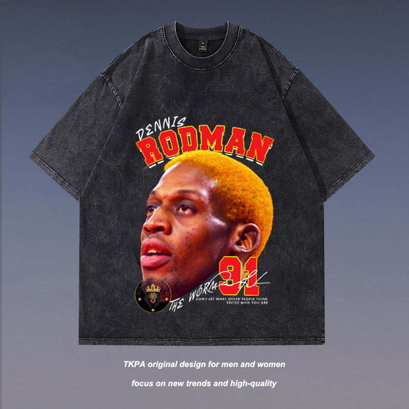 Japanese cross-border Europe and the United States big head printing heavy wash water old short sleeve T-shirt men's American fashion brand loose women