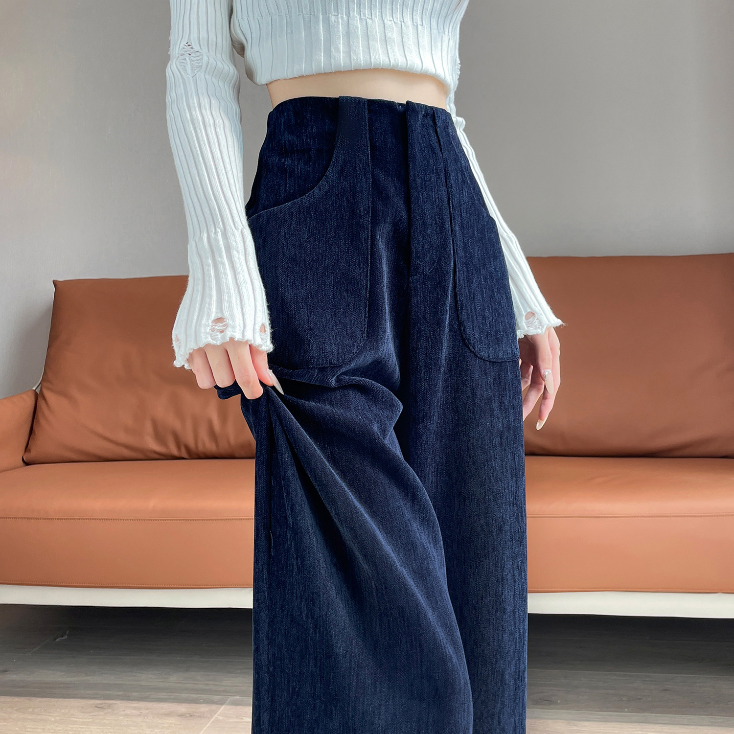 Navy Blue High-End Corduroy Narrow Version Fleece-Lined Chenille Suit Wide-Leg Pants High-Waist Slim Casual Straight Pants