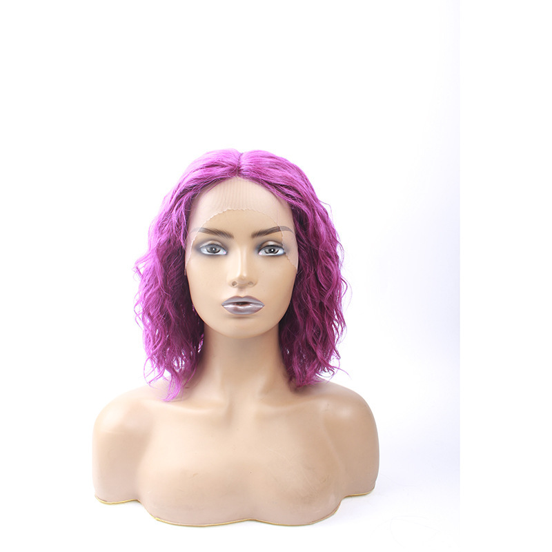 Ibel Wig, Europe, America and Africa Export Mid-point T-shaped Lace Purple Short Curly Hair Women's Real Hair Headgear Ibel Wig, Europe, America and Africa Export Mid-point T-shaped Lace Purple Short Curly Hair Women's Real Hair Headgear