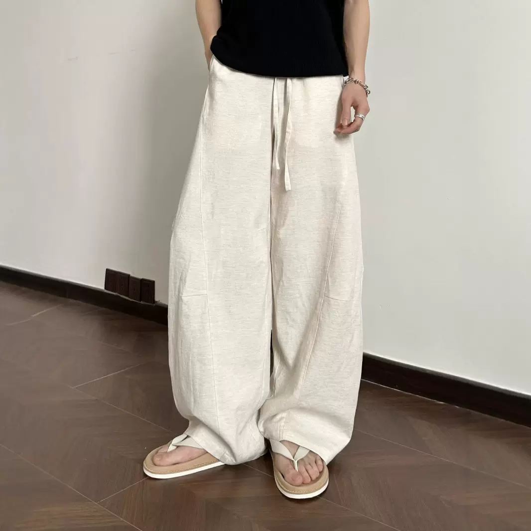 EME男装 松弛感假垂感亚麻混纺长裤弧形剪裁宽松舒适慵懒阔腿裤
