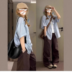 ブルー日焼け止め半袖シャツジャケット女性のための夏の 2025 新しいハイエンドルーズシャツフレンチスタイルトップ