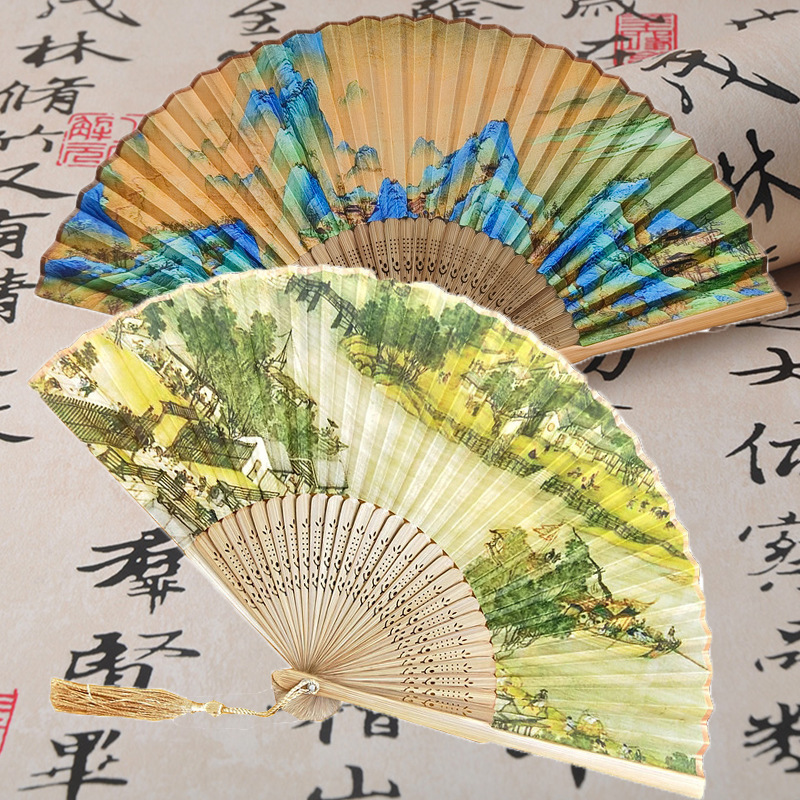 Hueso de bambú estampado soporte de hueso lateral serigrafía esculpida clásica elegante Gu Su ventilador pequeño ventilador masculino de seis pulgadas