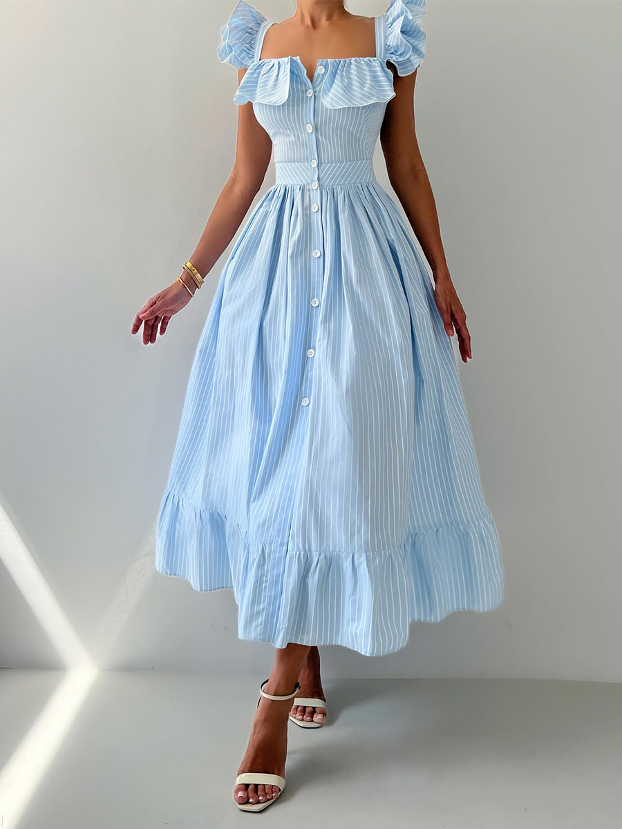 Women's Clothing Striped Dress Button Down Cardigan Waist Cinching Long Dress Summer New Style Flutter Sleeve_ecoleips.com