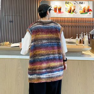 Japanese Color-block Knitted Vest Men's Autumn Loose V-neck Waistcoat Fashionable Lazy Style Sleeveless Sweater for Couple