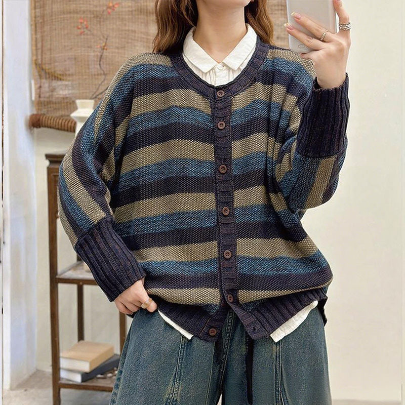 Knitted Cardigan for Women 2025 Spring and Autumn Season Round Neck Long Sleeve Loose Thick Short Sweater Jacket Orange Spring and Autumn Season