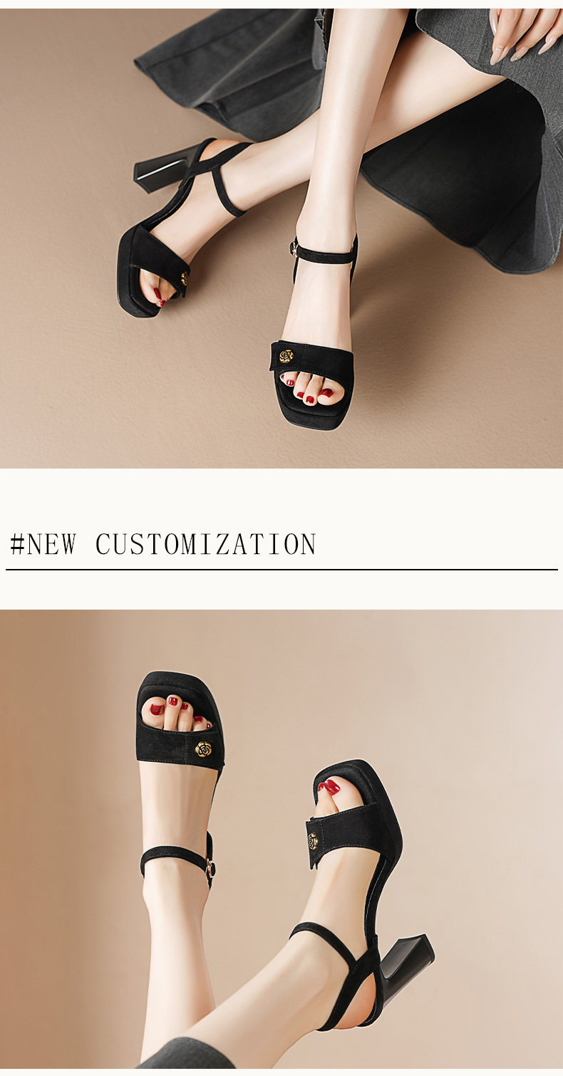 Sandal cao gót nữ hở mũi quai một chữ khóa, gót thô đế dày 10.5 cm — Da bò trắng gạo chi tiết 4