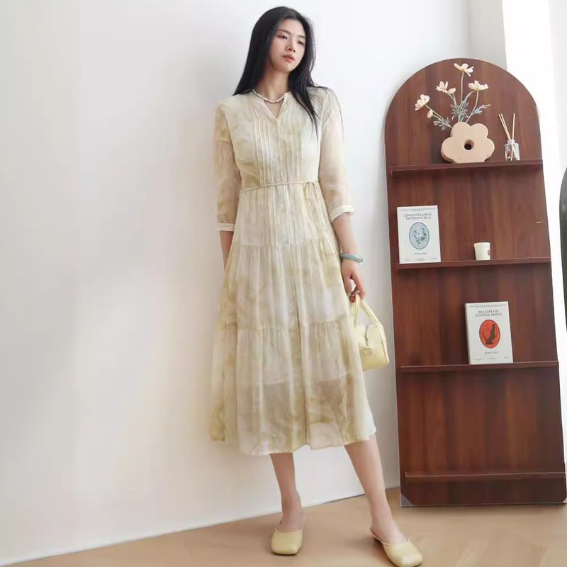[Limited Special Offer] Beautiful 6A Grade Silk Georgette V-Neck Dress with Watercolor Print and Tie-Up Long Skirt for Women