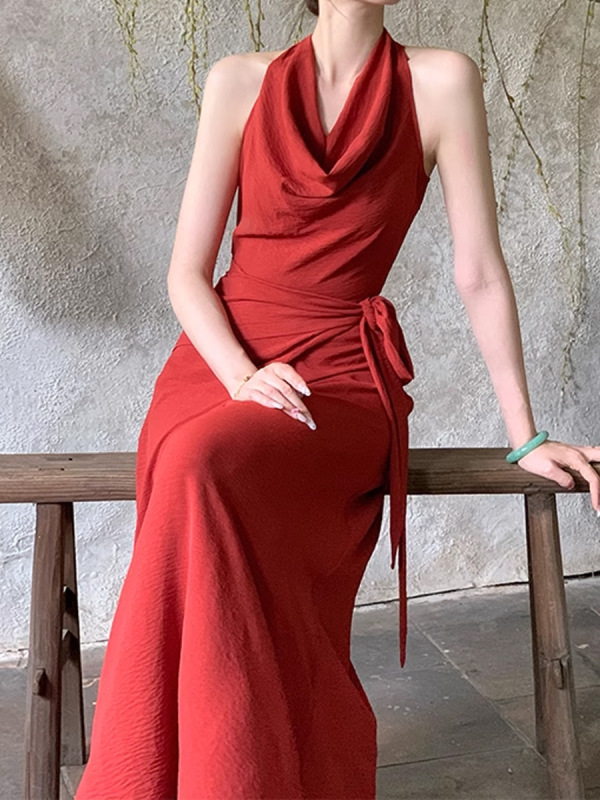 新しい中国風の中国風の山と月のレトロな気質のドレス女性の春と夏の赤いスイングカラーロングスカート|undefined