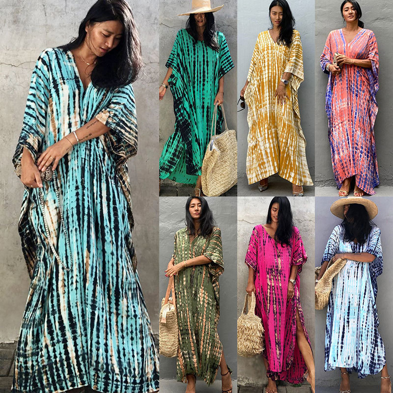 European and American Rayon Tie-Dye Beach Long Dress, Loose Long Dress, Beach Vacation Bikini Swimsuit Cover-Up, Sun Protection Shirt for Women