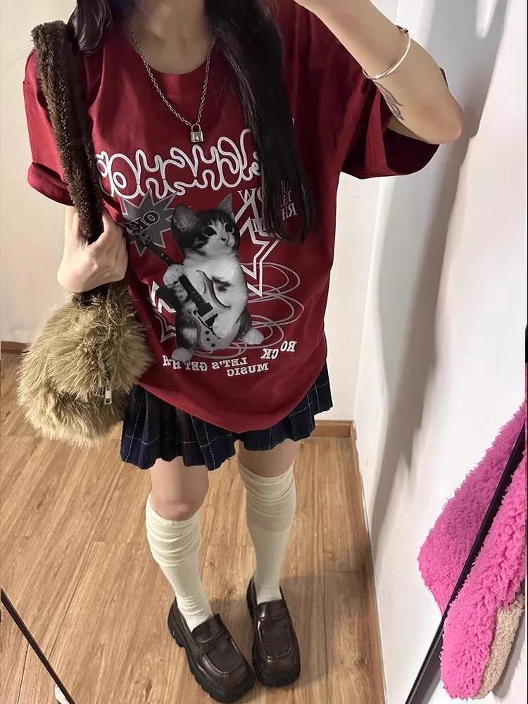 Pure Cotton Japanese Style Alphabet Wine Red Short Sleeve