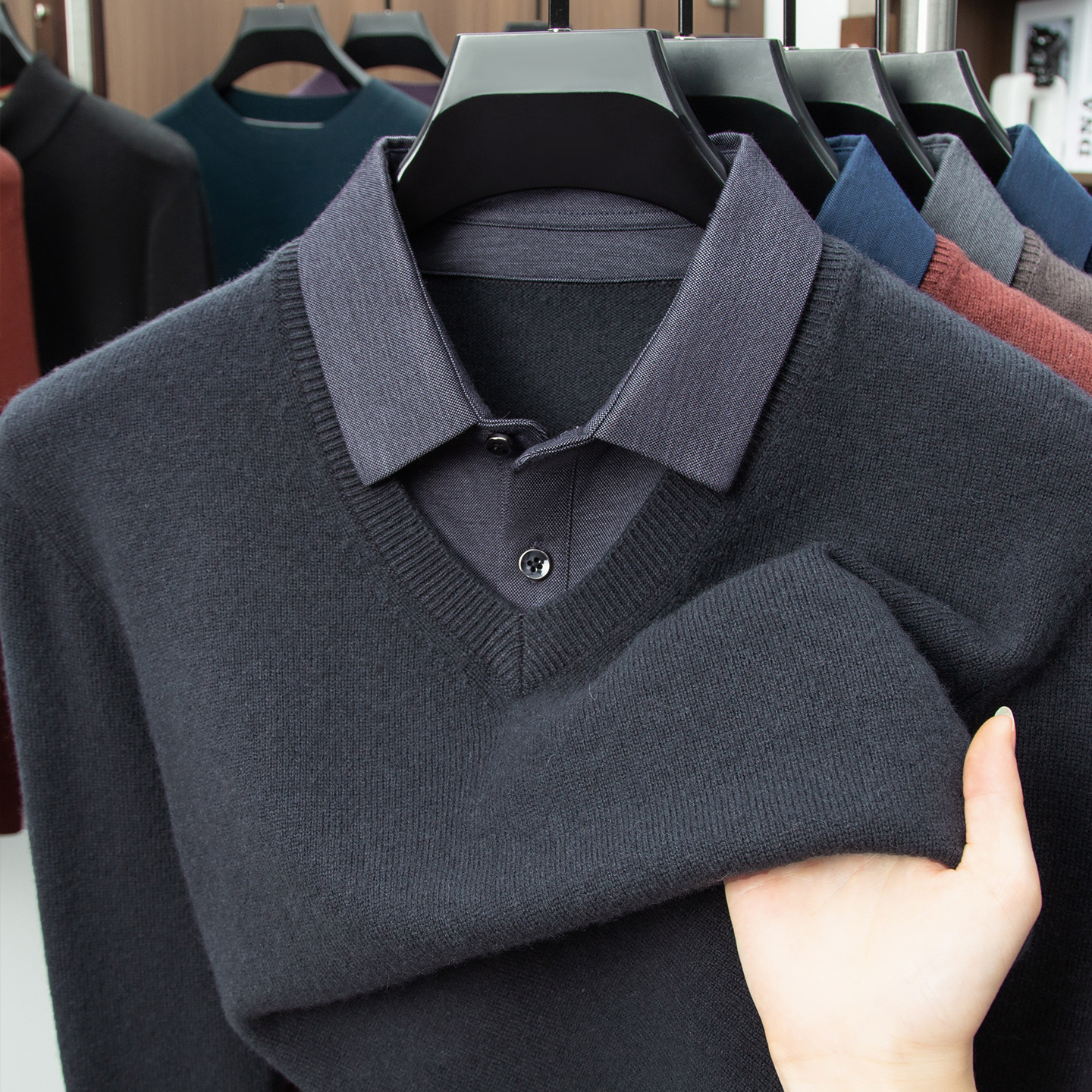 450g Thickeneded Pure Wool Knitwear Men's Fake Two-Piece V Neck Knitwear Middle-Aged Business Casual Autumn and Winter Warm Knitwear