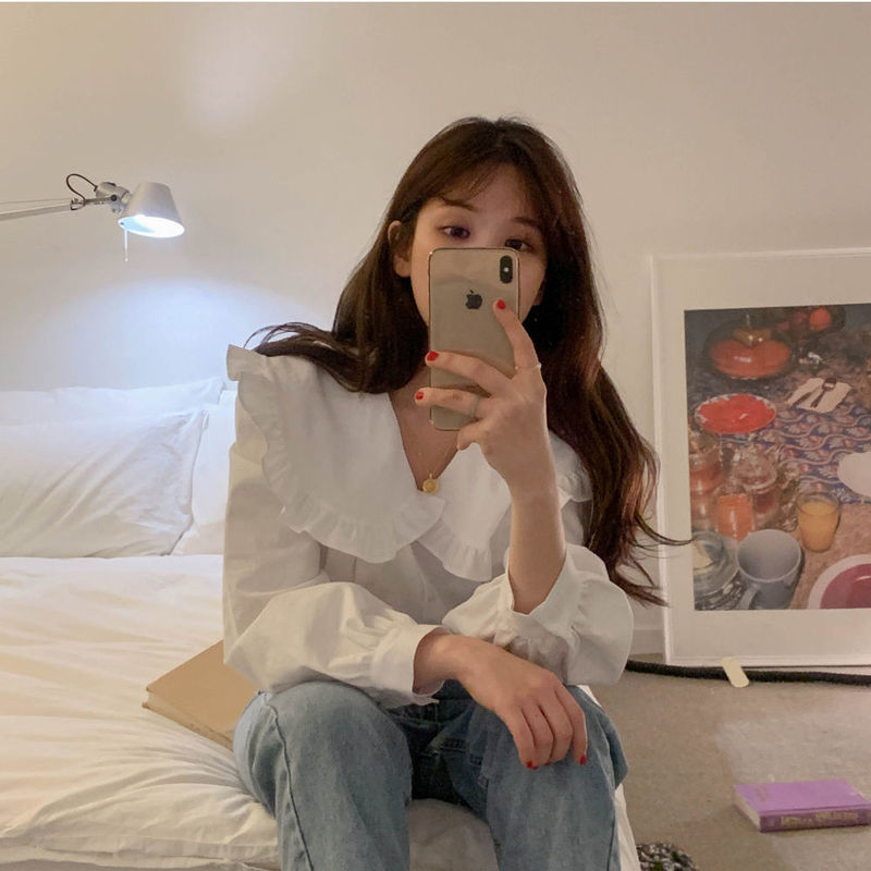 Autumn Korean Style New Japanese Style Cute Lace Lapel Shirt Gentle Sweet Loose Slimming Age-reducing Doll Top