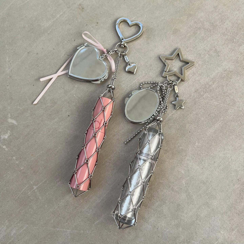 In-Stock Metal Mesh Lipstick Holder DIY Bag Pendant with Interchangeable Crystal Stones Stainless Steel Mesh Pouch Keychain Accessory