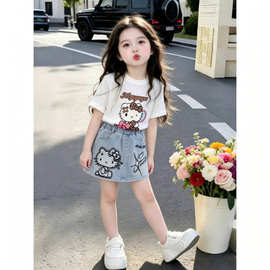 女小童KT猫套装夏装2026新款儿童短袖T恤夏季女小童牛仔短裙简约