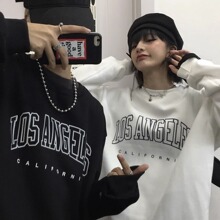 英文印花圆领情侣卫衣女加绒加厚秋冬新款情侣套头上衣男女潮牌装