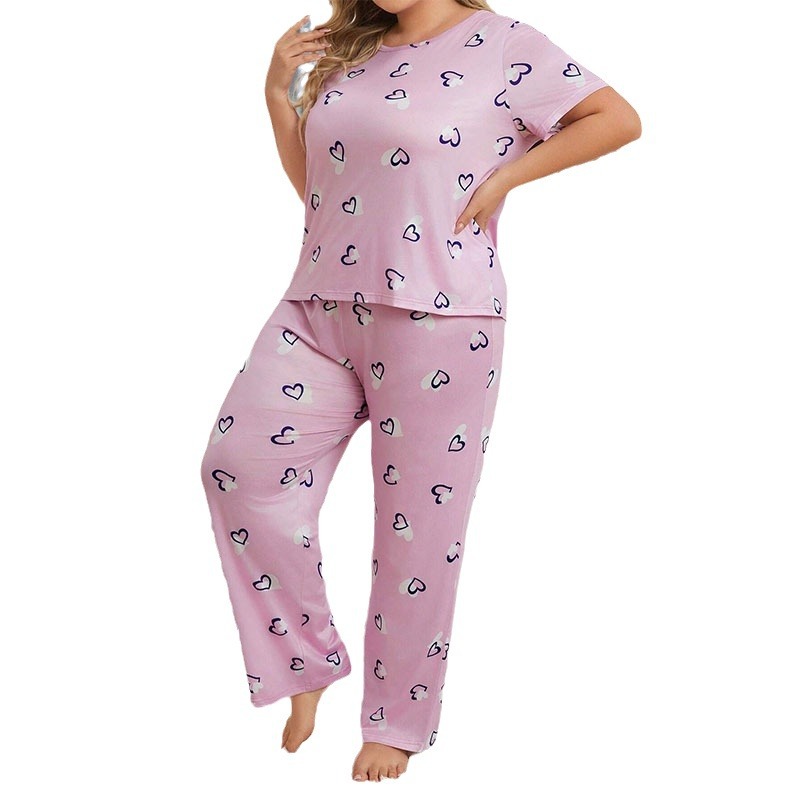 Plus Size Women's Autumn Winter Pajamas Set Heart Print Round Neck Short Sleeve Long Pants Loungewear_voghion.com