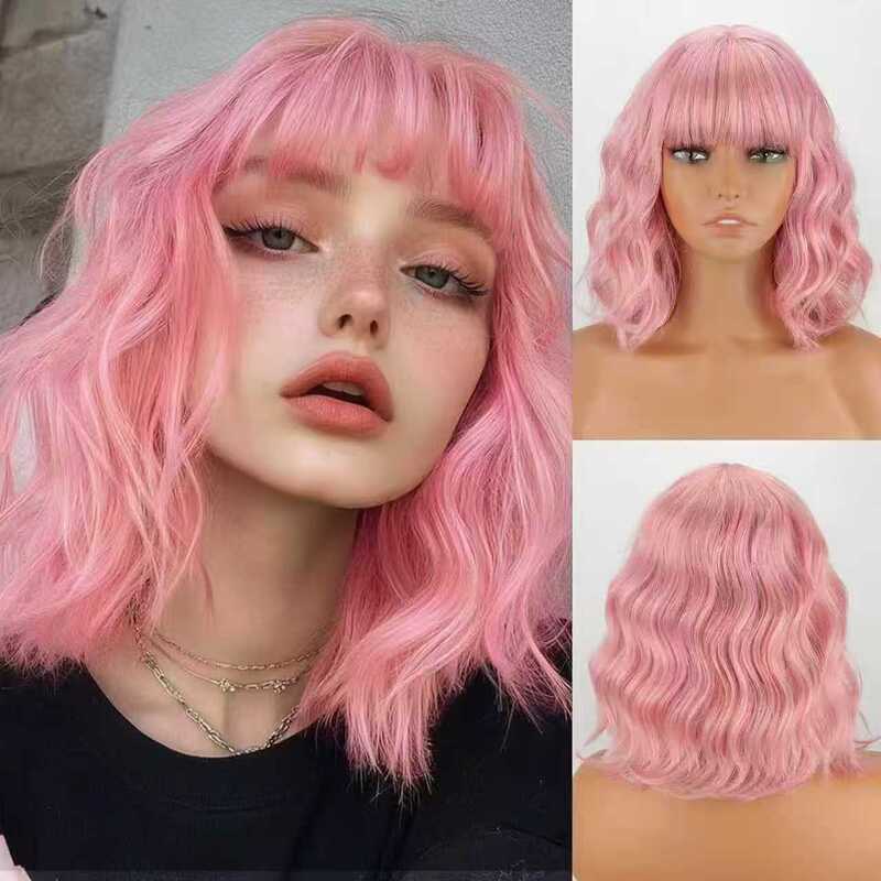 Cross-Border Popular Pink Wig for Women, European and American Style with Bangs, Internet Celebrity Bangs, Wooly Curly Hairpiece, Pink Short Curly Hair for Women