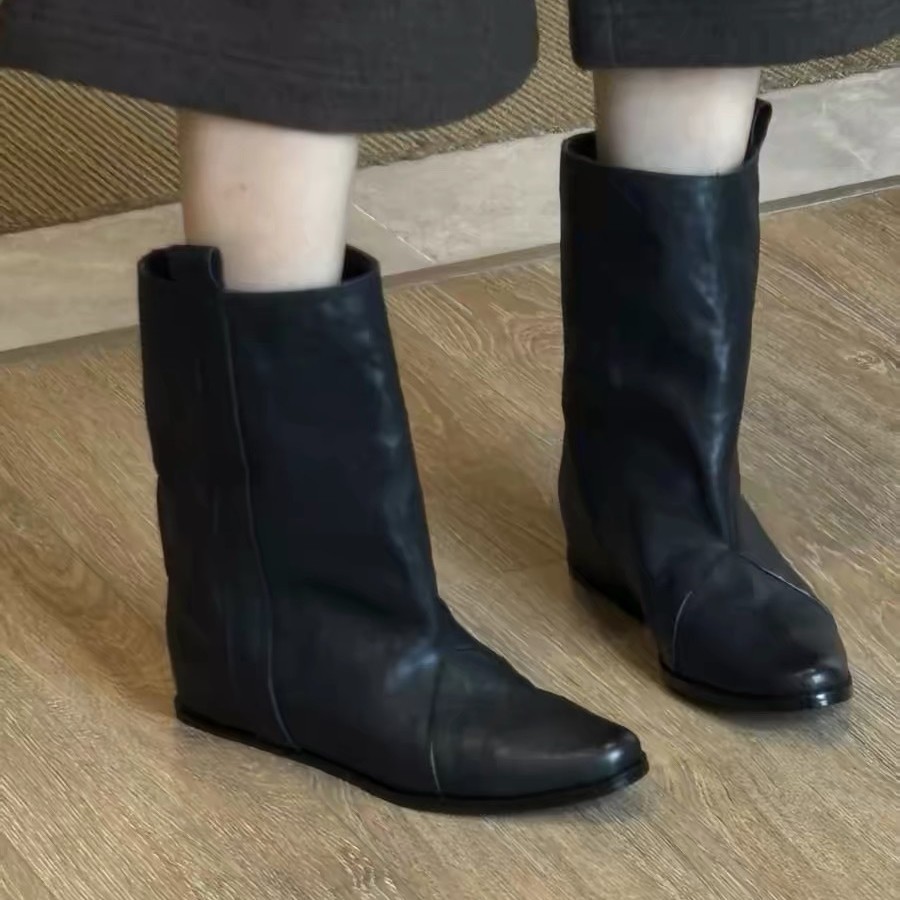 In-stock version~Vintage niche loose-fitting mid-calf boots with internal height increase for women, 2026 new versatile western boots, stacked boots