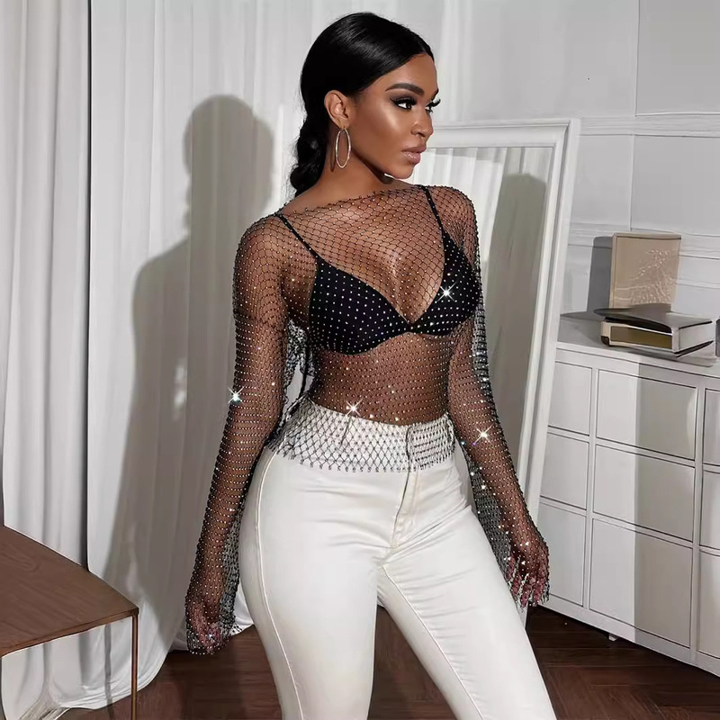 European and American Fashion Women's Round Neck Long-Sleeved T-Shirt Tops, Feminine Rhinestone Fishnet Cover-Up, Inner Layering Shirt for Summer