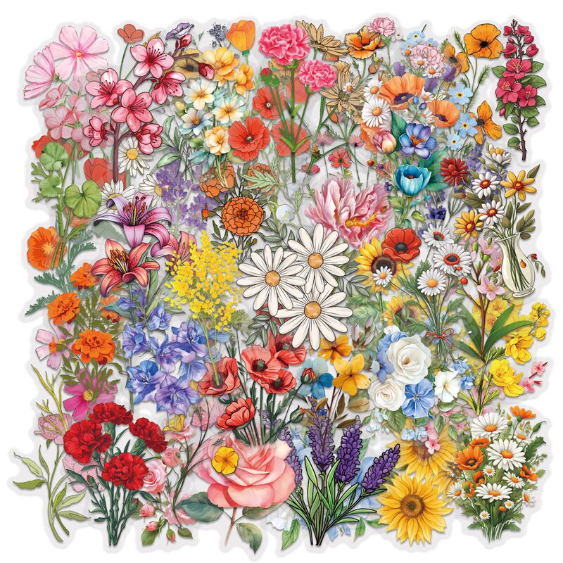 60 Pieces of Transparent Flower Sticker Material Package Original Wild Secret Series Plant Flower Waterproof Sticker Wholesale