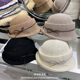 千金风高级感蝴蝶结氛围感卷边黑色礼帽女春夏季显脸小气质小礼帽