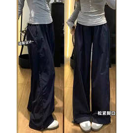 藏青色速干工装裤女夏季薄款美式束脚运动裤小个子宽松直筒阔腿裤