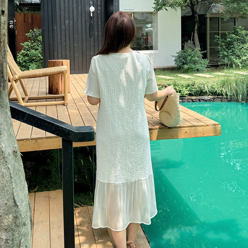 Yinoda Plus Size Sweet Spliced Ruffled Skirt Dress 2025 New Summer Round Neck Straight Tube Long Dress 232436 