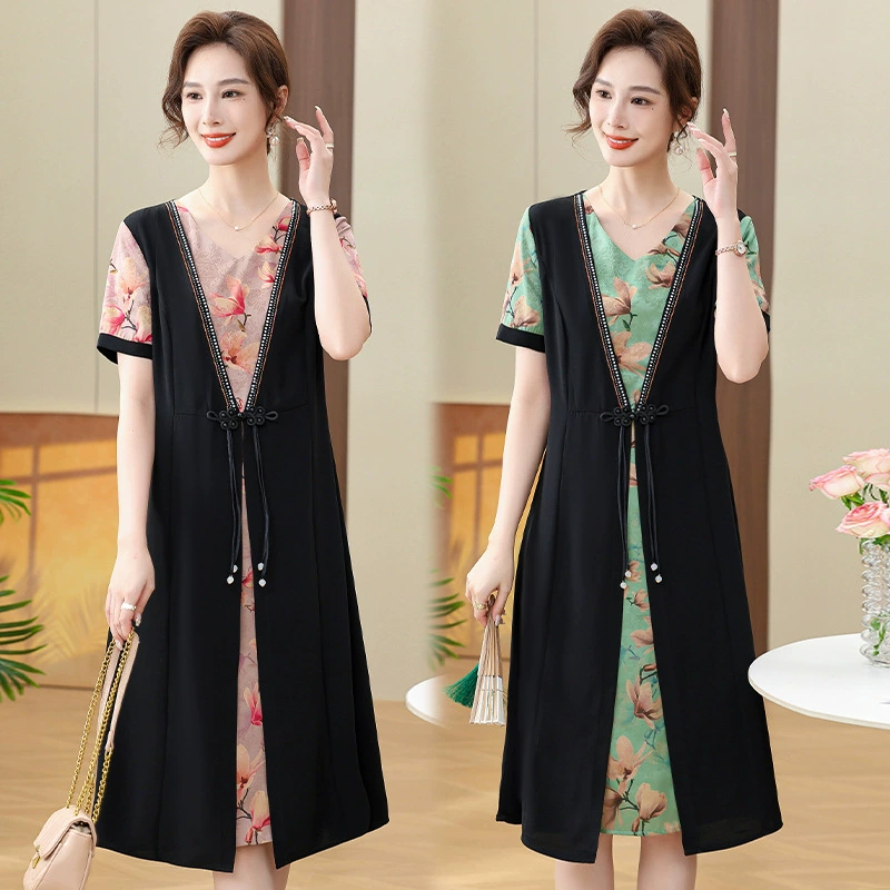 Элегантное платье для мамы, лето 2025, новый стиль, для женщин 40+ лет, весна-лето, китайский стиль, V-образный вырез