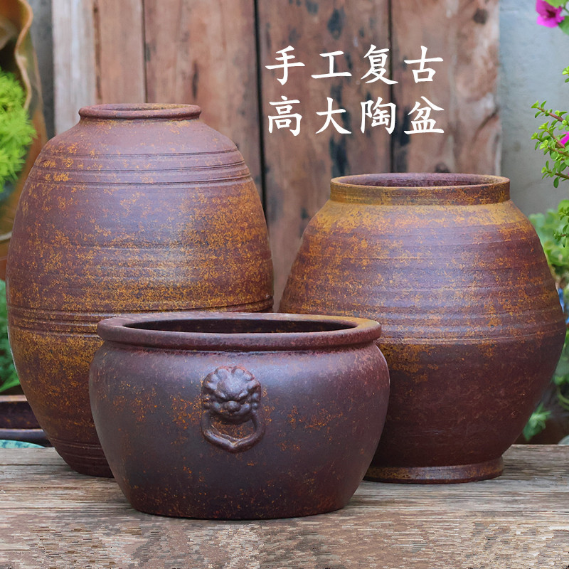 复古透气粗陶花盆酒店做旧陶盆高筒老桩多肉花盆室内装饰陶瓷大盆