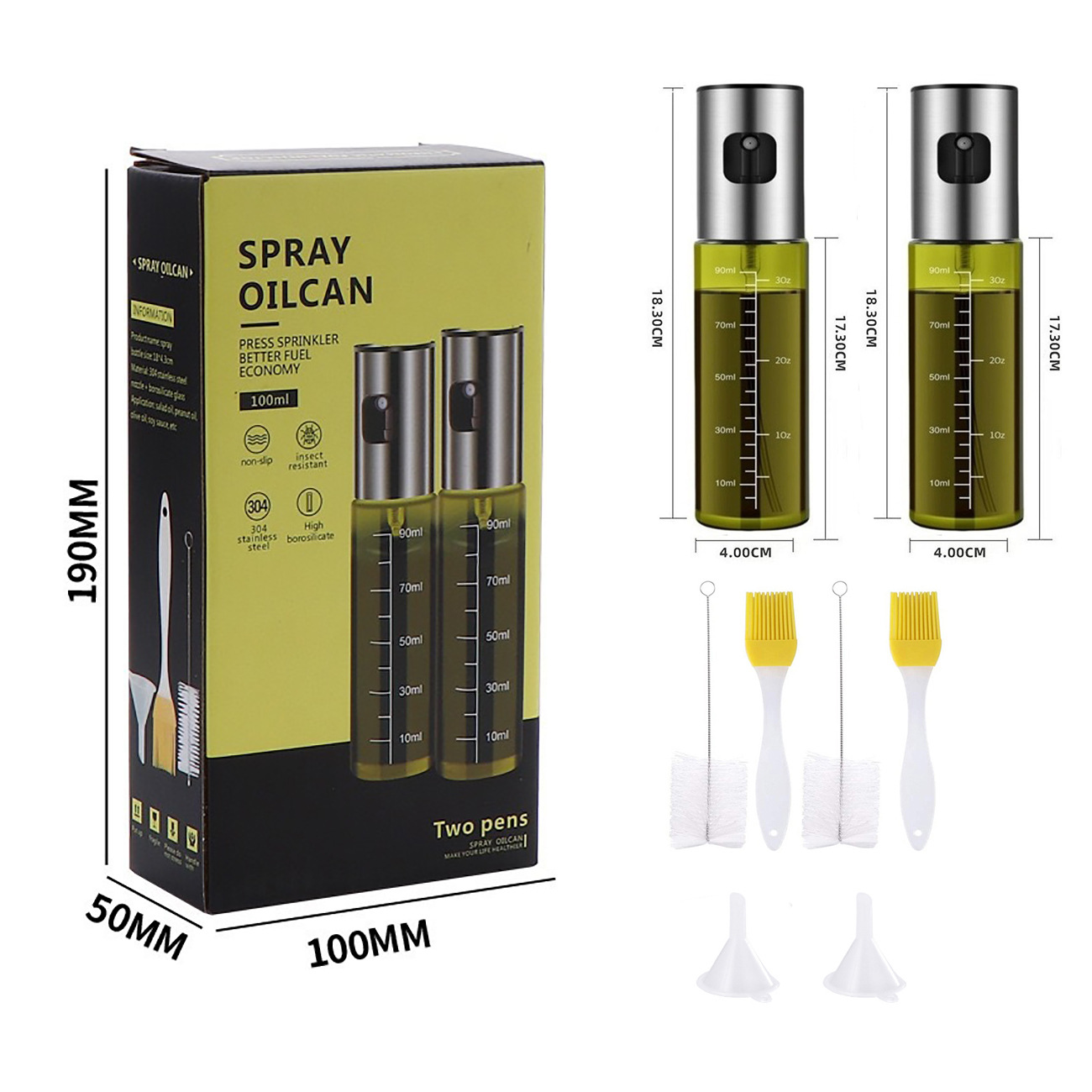 Juego de 2 botellas de aceite en aerosol de acero inoxidable 304, botellas de aceite en aerosol tipo prensa para barbacoa al aire libre, botellas de aceite verdes a prueba de luz.